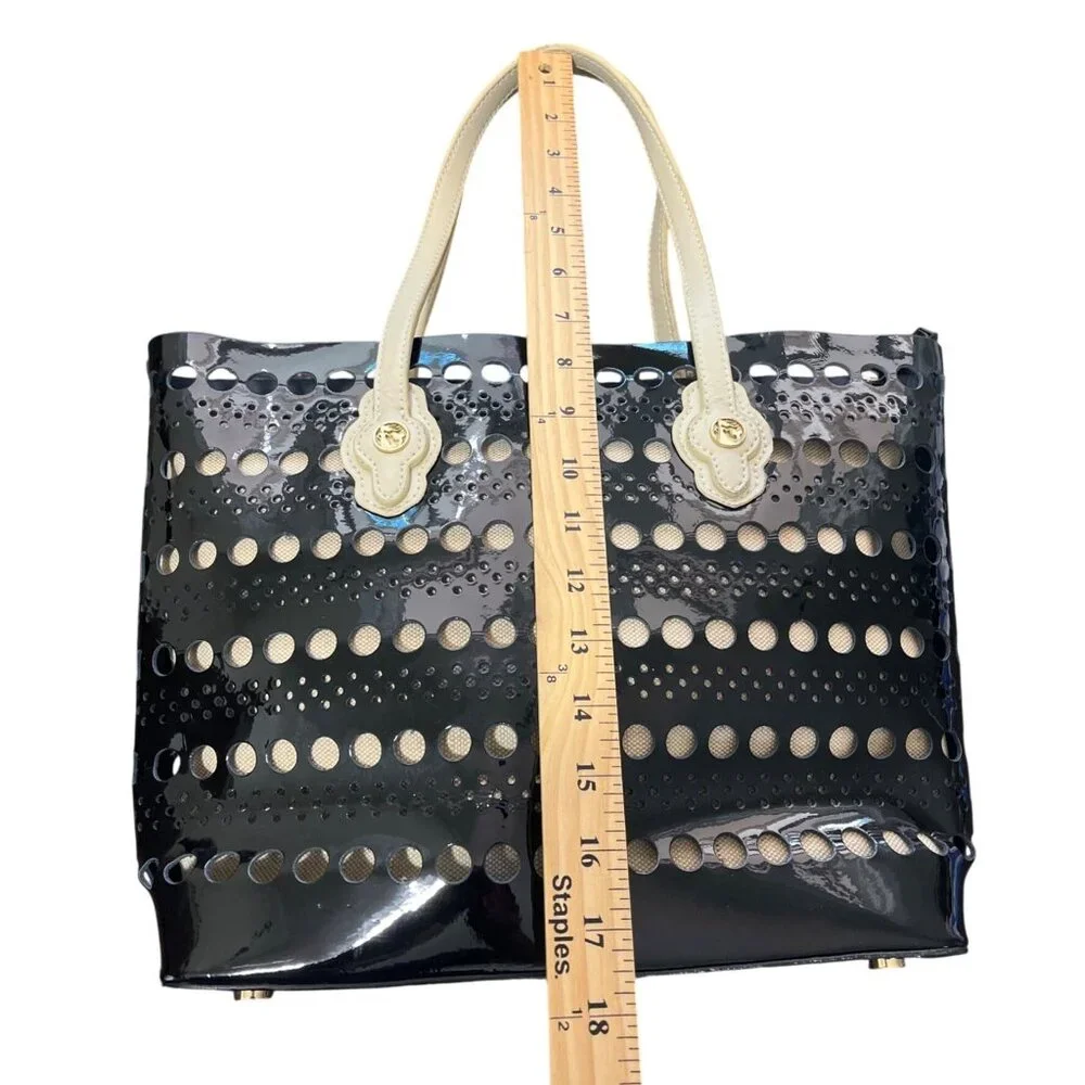 Spartina 449 Black Patent Leather Tote Bag Laser-Cut Dots With Beige Handles - Picture 5 of 7